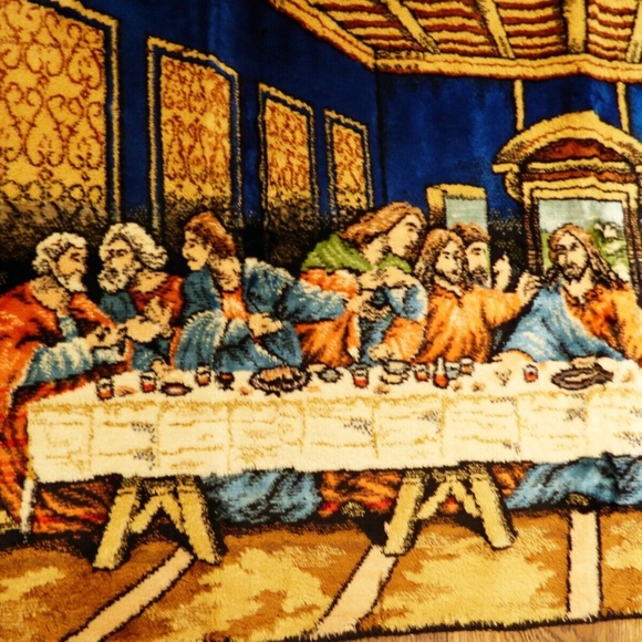 VTG Tapestry wall hanging rug The Last Supper made in Italy W.P.L. plush 39x19.5 - Picture 4 of 9